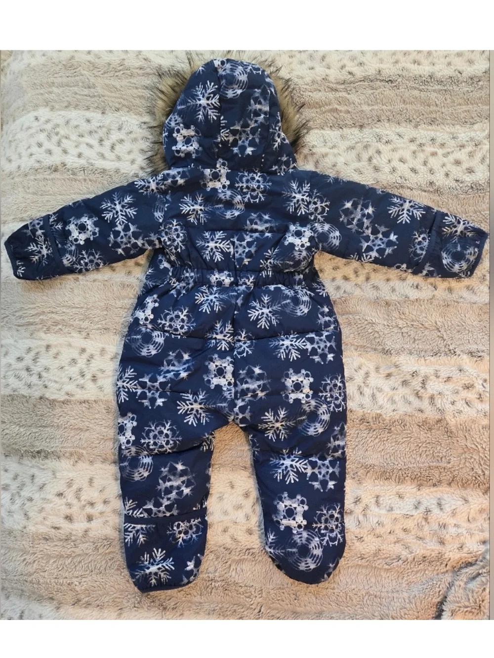 Lands' End Navy Snowflake One-Piece Snowsuit / Baby Bunting with Faux-Fur Hood
